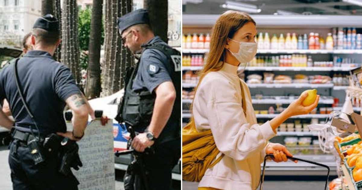 (L) Officers on duty. (R) Woman shopping at a grocery store. Representative Cover Image Source: Pexels | Darya Sannikova; Anna Shvets