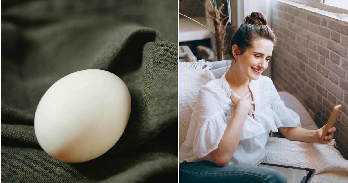 (L) Egg lying on soft fabric. (Representative Cover Image Source: Pexels| Klaus Neilson), (R) Woman smiling and laughing heartily after seeing something on phone. (Representative Cover Image Source: Pexels| Helena Lopes)