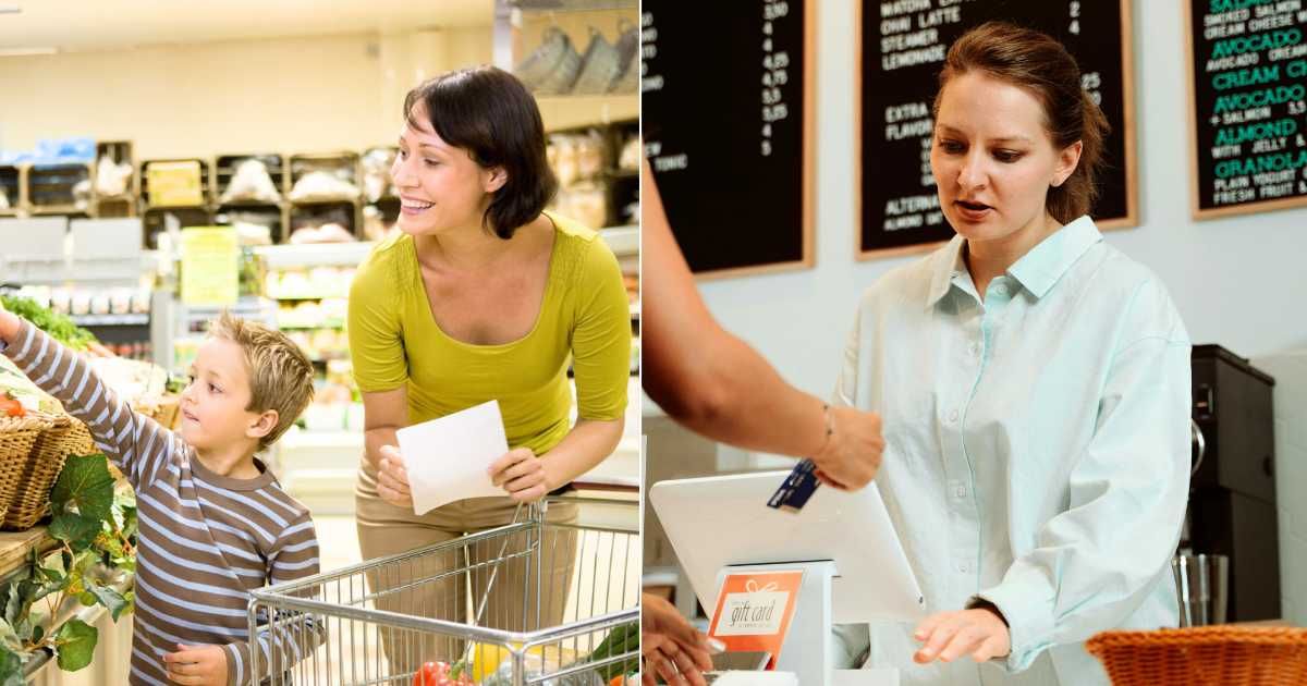 (L) Child pointing to something while grocery shopping with mom. (Representative Cover Image Source: Getty Images| Image Source), (R) Cashier looking at customer while rounding up bill. (Representative Cover Image Source: Pexels| RDNE Stock Project)