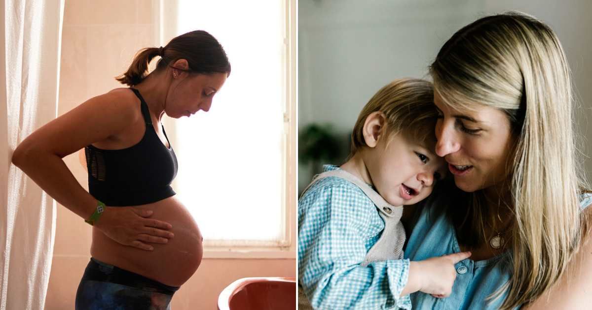 (L) Pregnant woman in bathroom. (R) Mom with her toddler. Representative Cover Image Source: Abraham Gonzalez Fernandez; Westend61