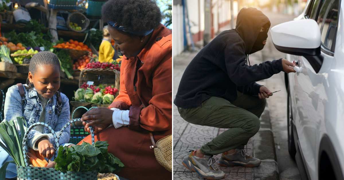 (L) Mom at grocery store with daughter. (R) Robber near a car. Representative Cover Image Source: Getty Images | Marco VDM; Witthaya Prasongsin