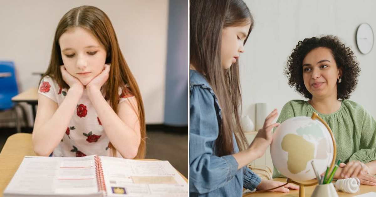 (L) Girl in the classroom looking sad. (R) Girl talking to her teacher. Representative Cover Image Source: Pexels | RDNE Stock Project; Artem Podrez