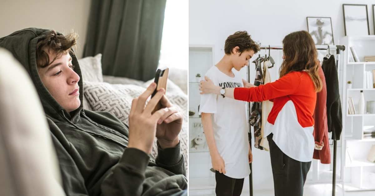 (L) Teen boy using his phone. (R) Mom talking to teen son. Representative Cover Image Source: Getty Images | MoMo Productions; Pexels | Anastasia Shuraeva