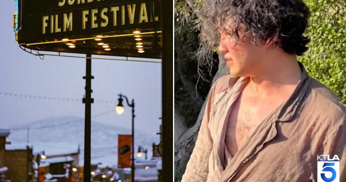 (L) A film festival poster on a busy street. (R) The actor at the sight of the commotion. Representative Cover Image Source: Pexels | David Guerrero; YouTube | KTLA 5