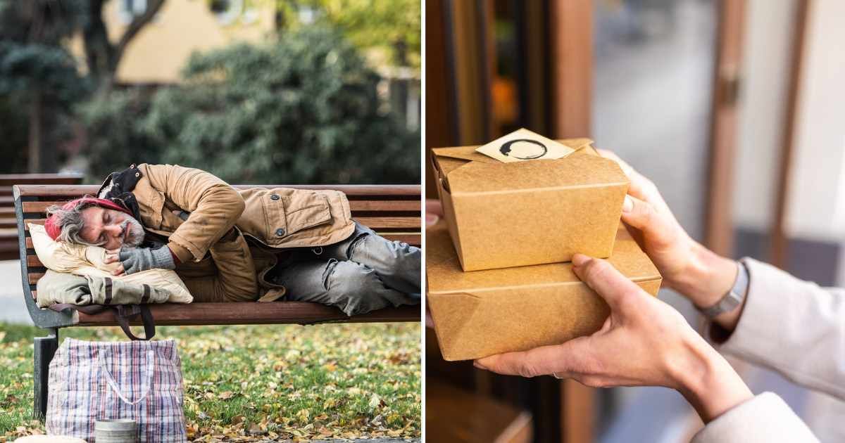 (L) Homeless man sleeping on the bench. (R) Person offering packed food to someone. Representative Cover Image Source: Getty Images | Halfpoint | Luis Alvarez