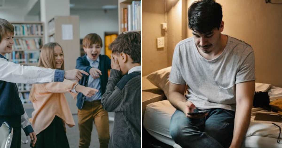 (L) Kids bullying boy at school. (R) Man reading a text in bed. Representative Cover Image Source: Pexels | Mikhail Nilov; George Pak