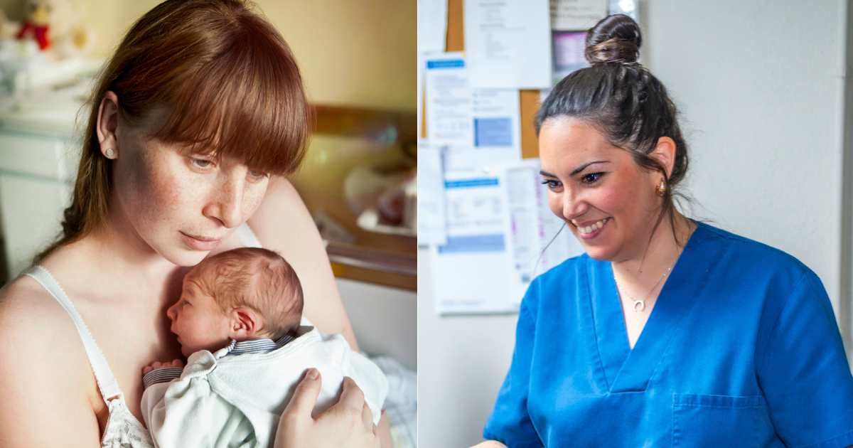(L) New mom worried while holding sick newborn. (Representative Cover Image Source: Getty Images| Westend61), (R) Nurse smiling while surprised. (Representative Cover Image Source: Getty Images| Iparraguirre Recio)