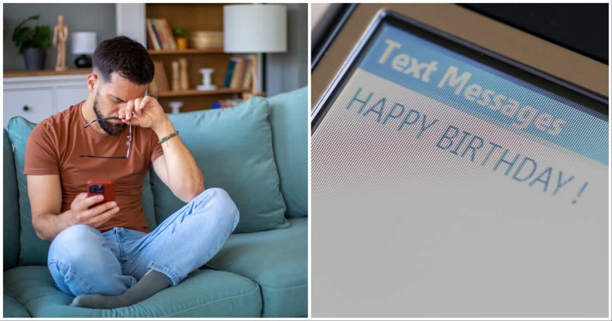 (L ) A man shedding tears after reading something on his phone ; (R) A 'Happy Birthday' text message (Representative Cover Source: Getty Images | Photo by (L) draganab ; (R) Onfokus)