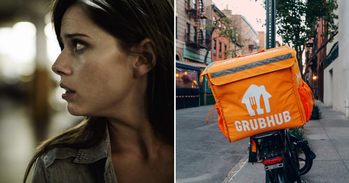 (L) Woman looking distressed. (R) A Grubhub delivery person. Representative Cover Image Source: Getty Images | People Images; Alena Kravchenko
