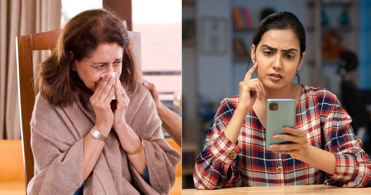 (L) Elderly woman sick with cough. (Representative Cover Image Source: Getty Images| triloks), (R) Woman intently looking at something on phone. (Representative Cover Image Source: Getty Images| Deepak Sethi)