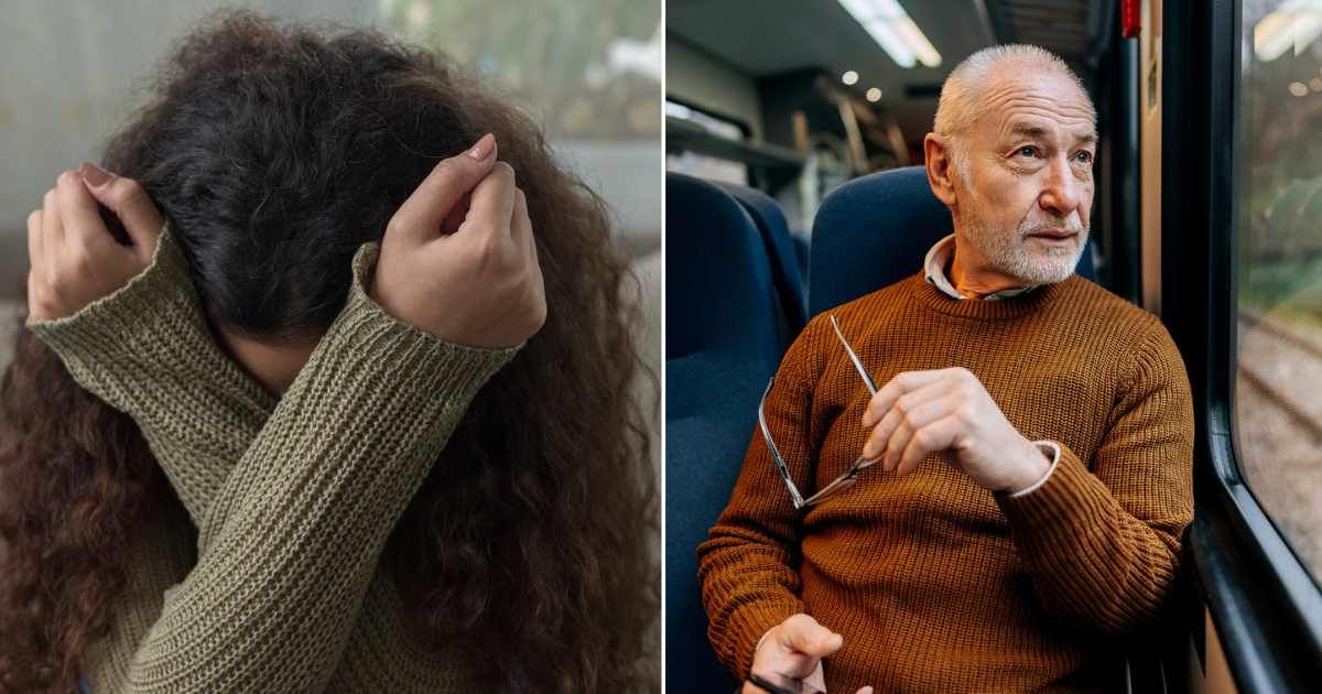 (L) Girl looking scared. (R) Old man on train. Representative Cover Image Source: Getty Images | bymuratdeniz; Pekic