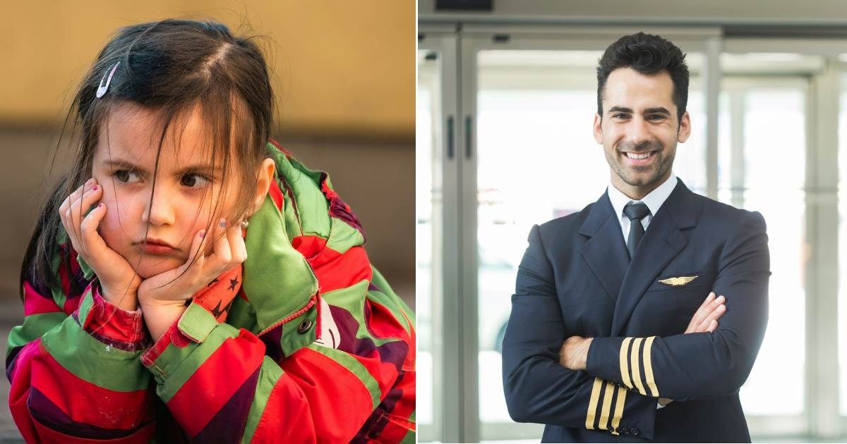 (L) Little girl frowning and upset. (Representative Cover Image Source: Unsplash | Ladislav Stercell)' (R) Pilot smiling while at airport. (Representative Cover Image Source: Getty Images | Tempura)