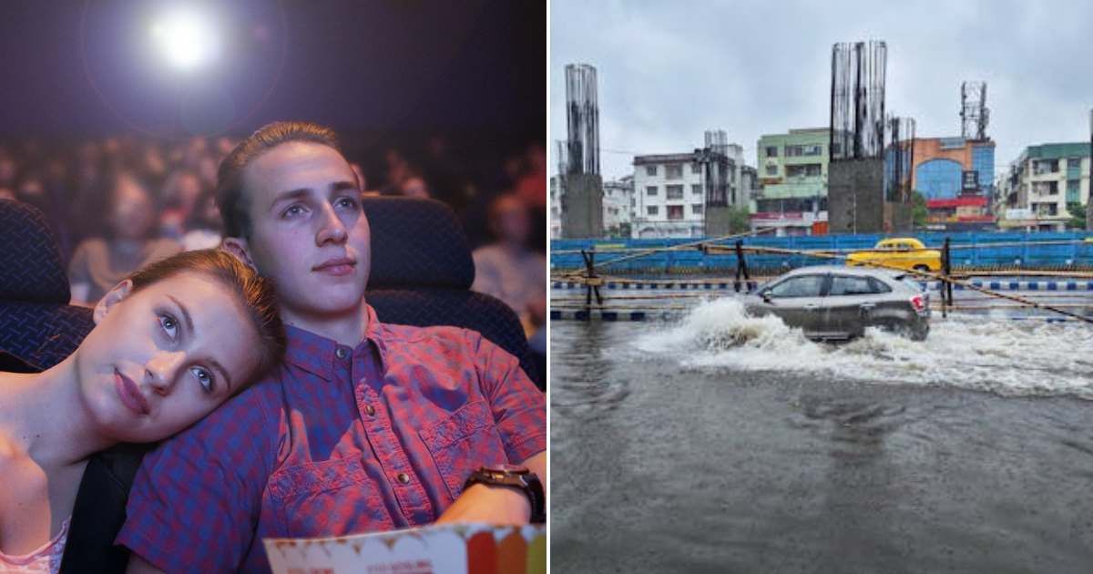(L) Teen at the movie theater with his girlfriend. (R) Cars on a flooded road. (Representative Cover Image Source: (L) Getty Images | Peter Cade; (R) Pexels | Dibakar Roy)
