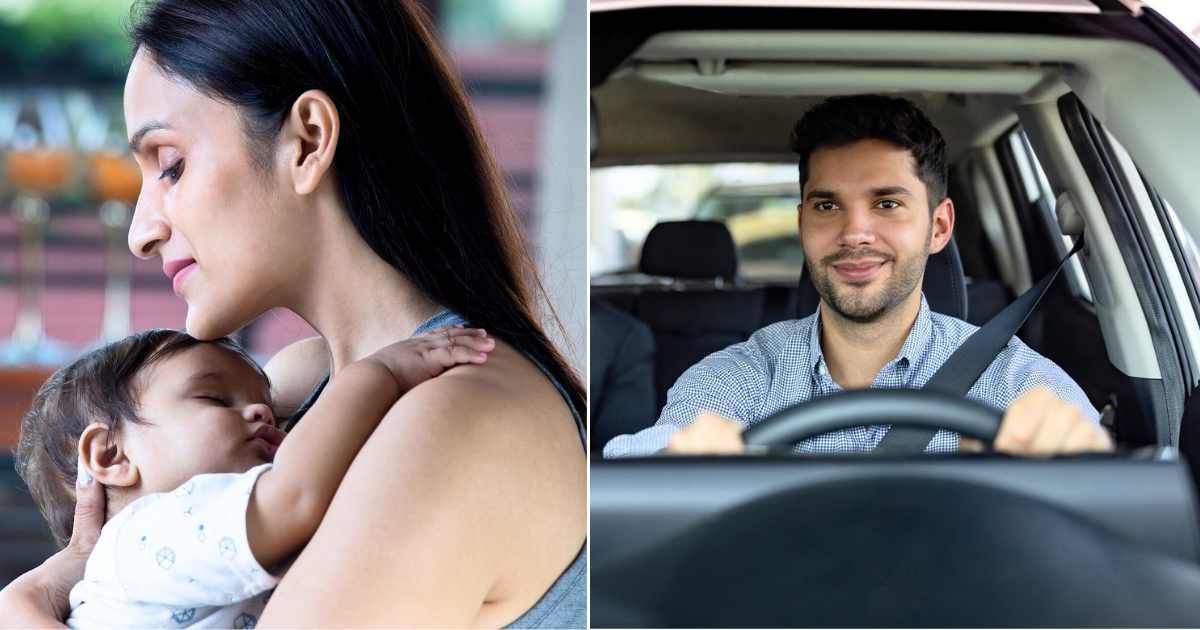 (L) Mom worried about breastfeeding infant while outdoors. (Representative Cover Image Source: Getty Images| triloks), (R) Man driving cab. (Representative Cover Image Source: Getty Images| andresr)