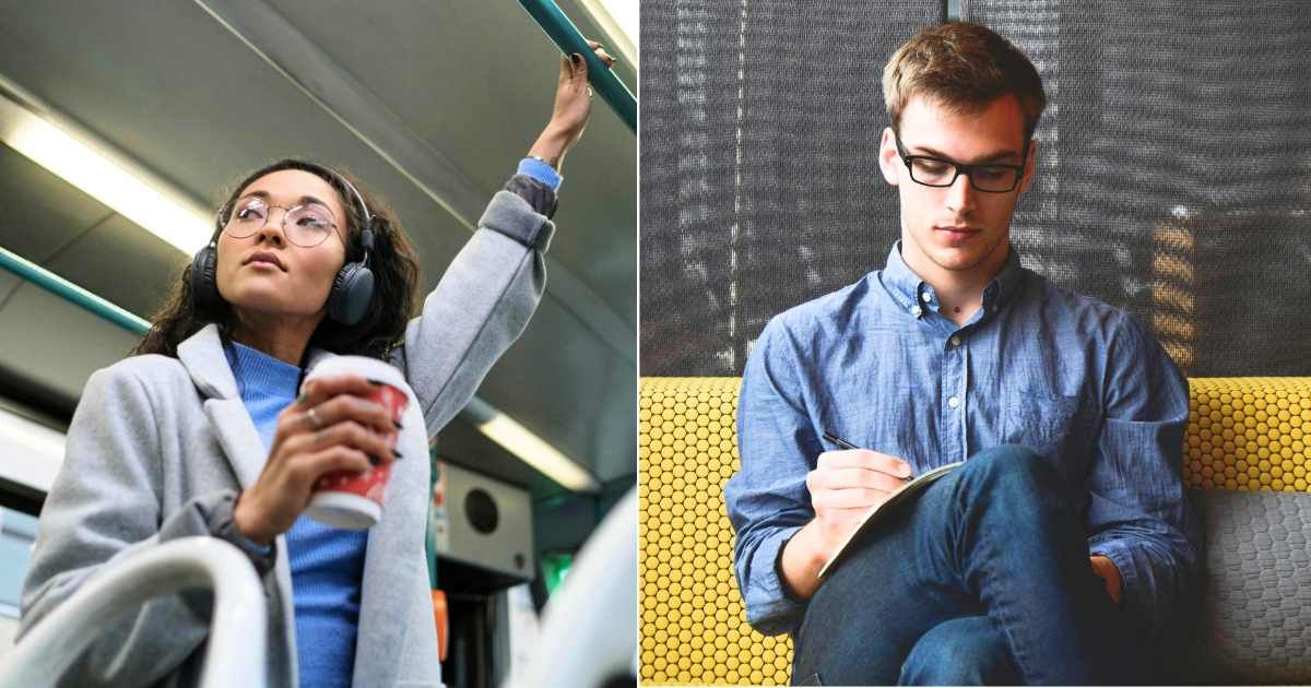(L) Woman returning from work in train. (Representative Cover Image Source: Pexels| cottonbro studio), (R) Man writing something discreetly while sitting. (Representative Cover Image Source: Pexels| Pixabay)