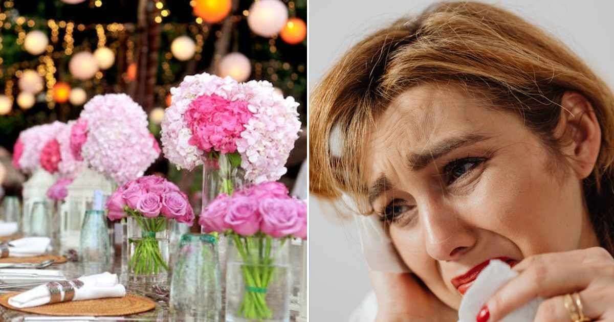 (L) A wedding venue. (R) A woman wiping her tears. Representative Cover Image Source: Pexels | Asad Photo Maldives; Karola G