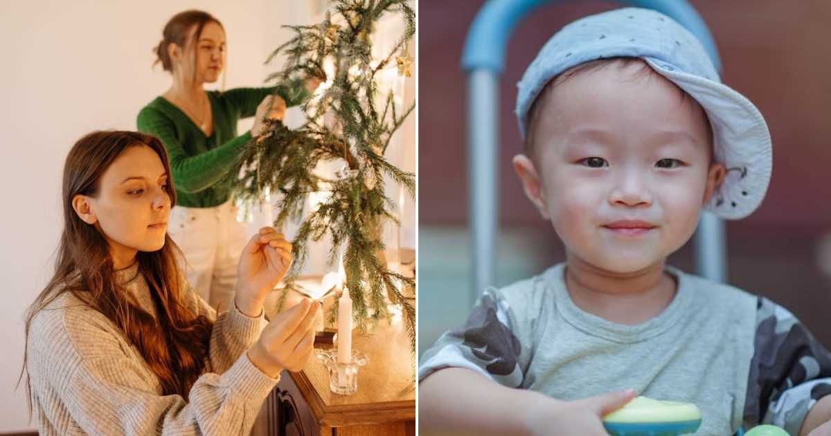 (L) Two women putting up Christmas lights. (R) Happy little boy. Representative Cover Image Source: Pexels | Pavel Danilyuk; Min An