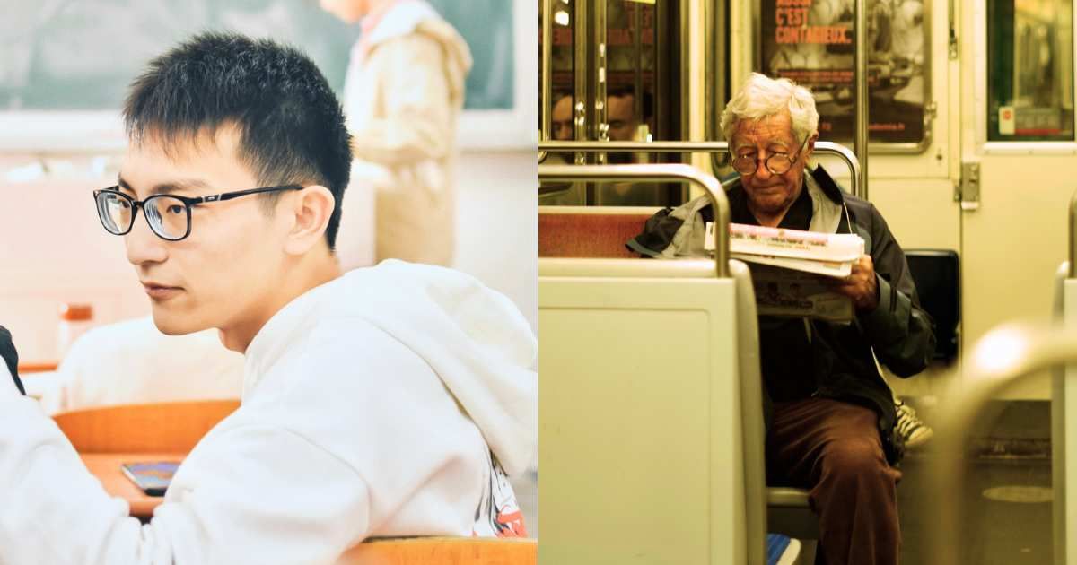 (L) Young student confused and alone. (Representative Cover Image Source: Unsplash| Maccy), (R) Elderly man reading newspaper in subway. (Representative Cover Image Source: Unsplash| Alexanne Bardet)