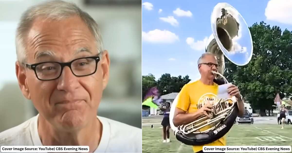 (L) 66-year-old Kent Broussard speaks about post-retirement. (Cover Image Source: YouTube| CBS Evening News), (R) Broussard playing the sousaphone at tryouts. (Cover Image Source: YouTube| CBS Evening News)