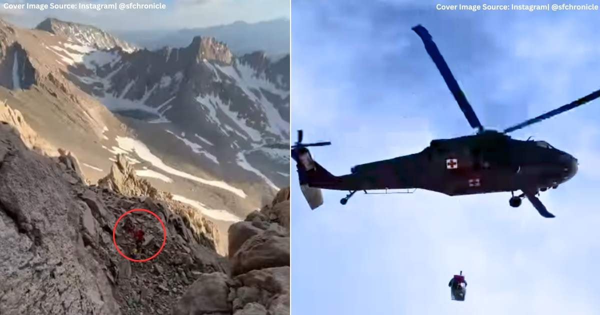 (L) Hiker stranded on Mount Williamson. (Cover Image Source: Instagram| @sfchronicle), (R) Search and rescue teams lift victim safely to helicopter. (Cover Image Source: Instagram| @sfchronicle)