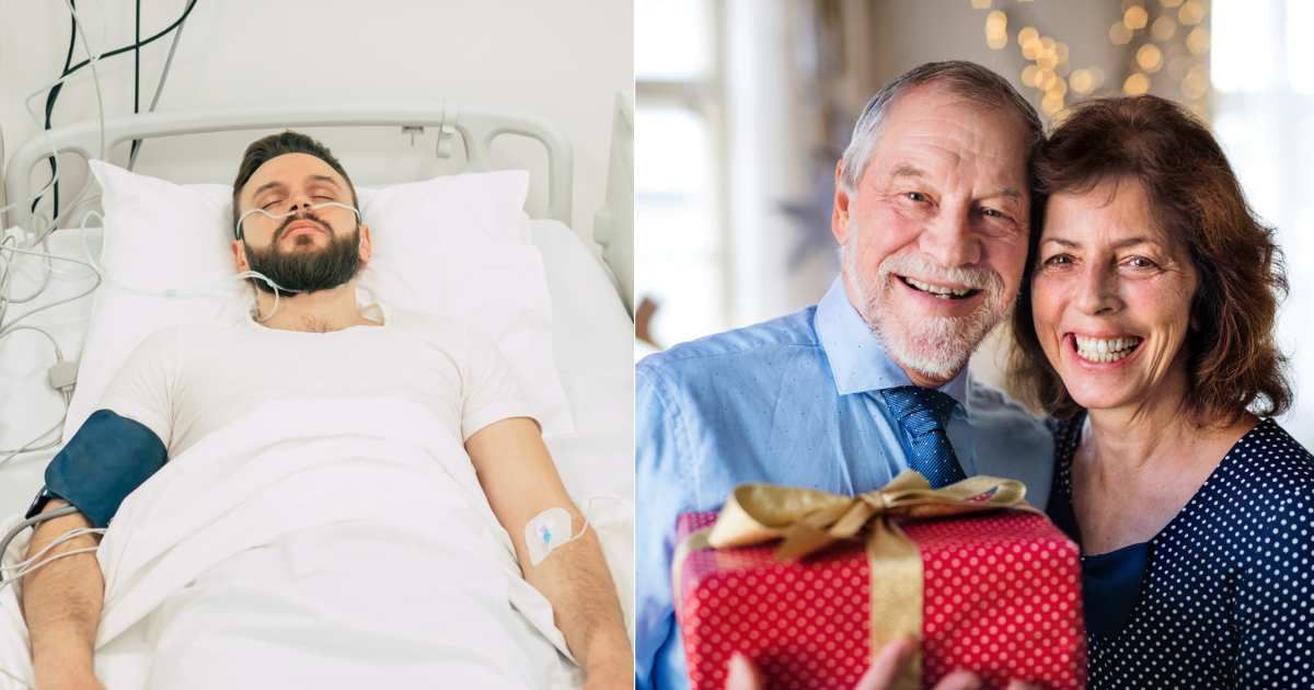 (L) Unconscious man in hospital bed. (Representative Cover Image Source: Getty Images| Povozniuk), (R) Elderly couple smiling as they give Christmas present. (Representative Cover Image Source: Getty Images| Halfpoint Images)