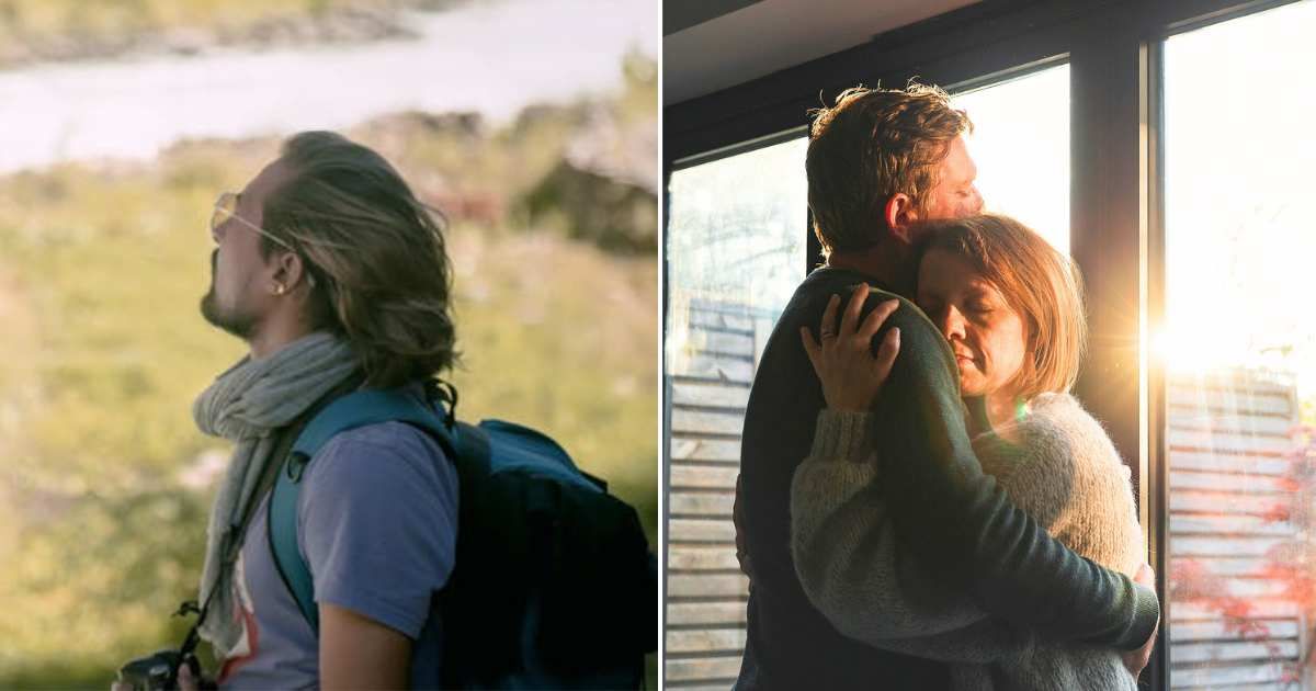 (L) Man lost in the mountains. (R) Old man hugging his wife. Representative Cover Image Source: Pexels | Ashok J Kshetri; Getty Images | Justin Paget