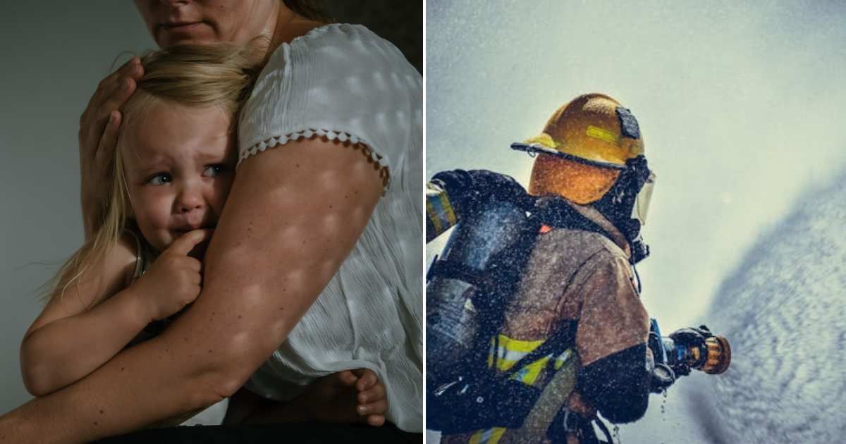 (L) Two scared people inside a room. (R) A firefighter extinguishing a fire. Representative Cover Image Source: Getty Images | Guido Mieth; Pexels | Tim Eiden