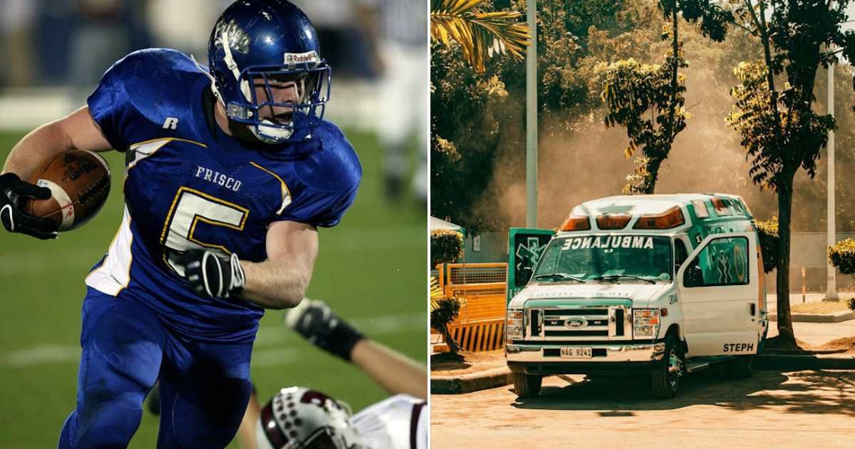 (L) Football player on the field. (R) A parked ambulance. Representative Cover Image Source: Pexels | Pixabay; Nothing Ahead