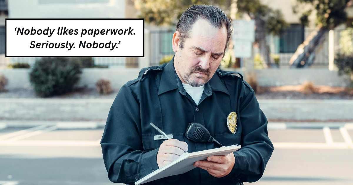 Police officer filing crime report on duty. (Representative Cover Image Source: Pexels| Kindel Media), (inset) Quote: Facebook| Josh Ross, Chief of Police 
