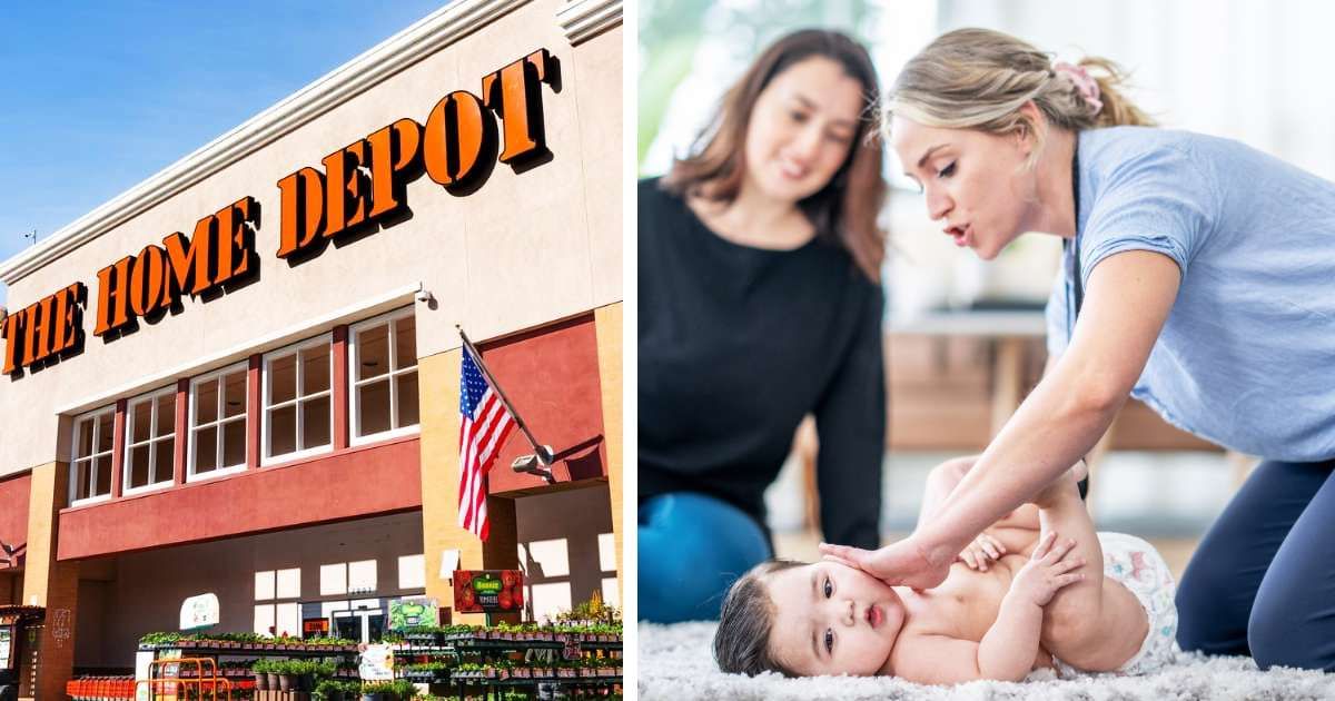 (L) A Home Depot store front. (R) Nurse helping a baby Image Source: Getty Images | Sundry Photography; Getty Images | FatCamera