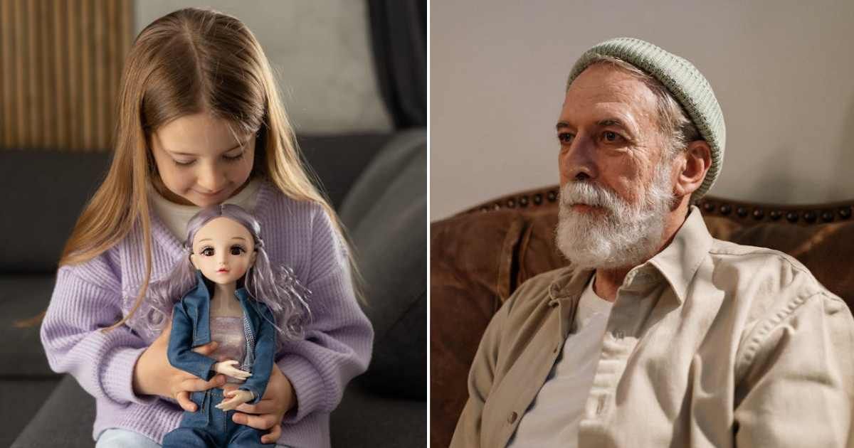 (L) A girl with her doll. (R) An old man looking ahead. Representative Cover Image Source: Pexels | Polesie Toys; cottonbro studio