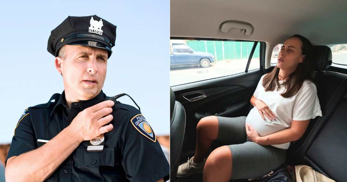 (L) Officer speaking on radio while on patrolling duty. (Representative Cover Image Source: Getty Images| Thinkstock Images), (R) Woman in labor struggling in pain in car. (Representative Cover Image Source: Getty Images| Johnce)