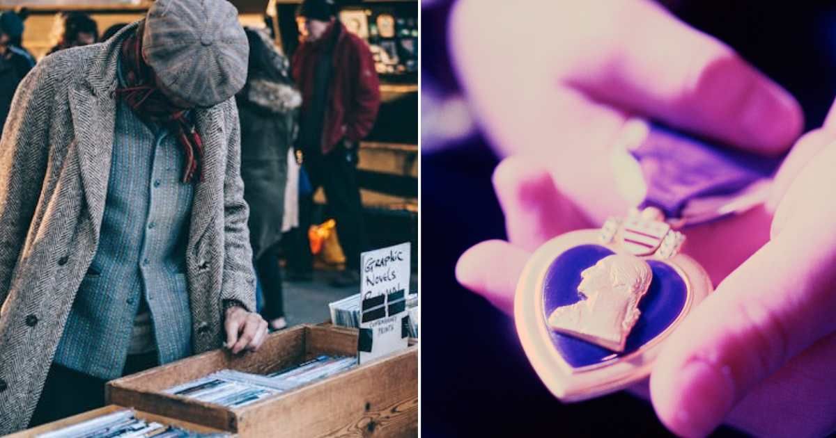 (L) Man at a yard sale. (R) A Purple Heart medal. Representative Cover Image Source: Pexels | Clem Onojeghuo; Getty Images | Thinkstock Images