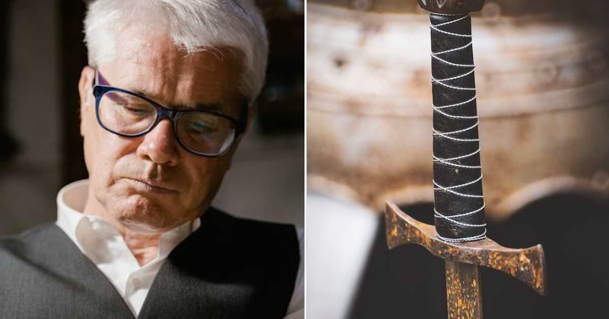 (L) Old man looking at something carefully. (R) A sword. Representative Cover Image Source: Pexels | Tima Miroshnichenko; Susanne Jutzeler
