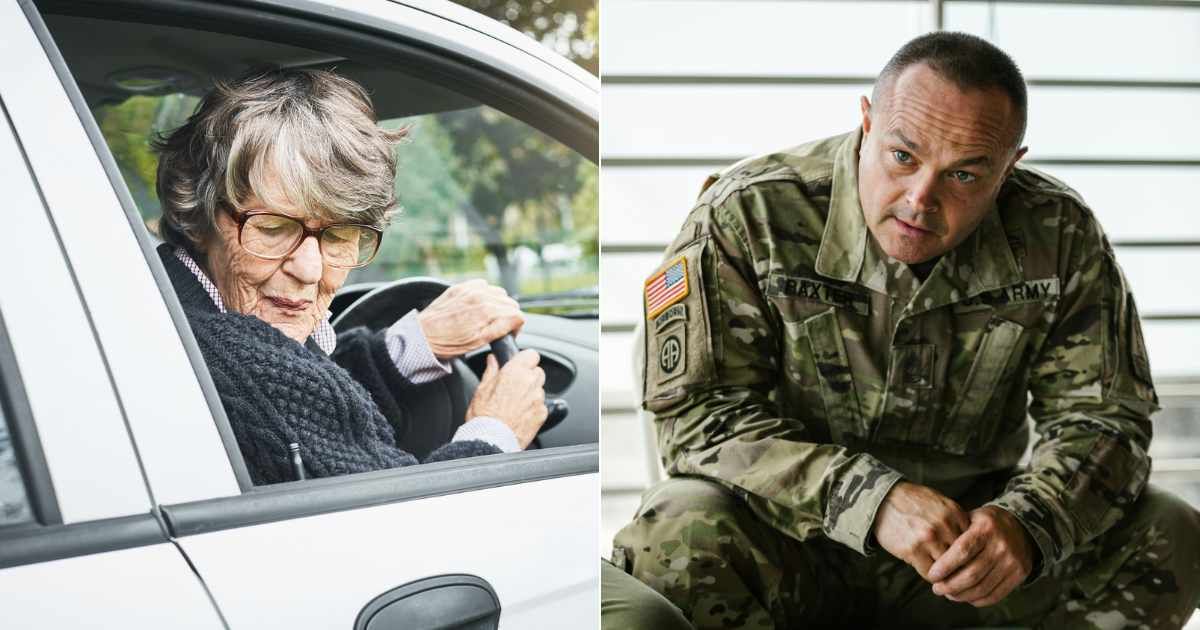 (L) Elderly woman looking worried while driving. (Representative Cover Image Source: Getty Images| RapidEye), (R) Military man looking intently after observing something worrisome. (Representative Cover Image Source: Pexels| RDNE Stock Project)
