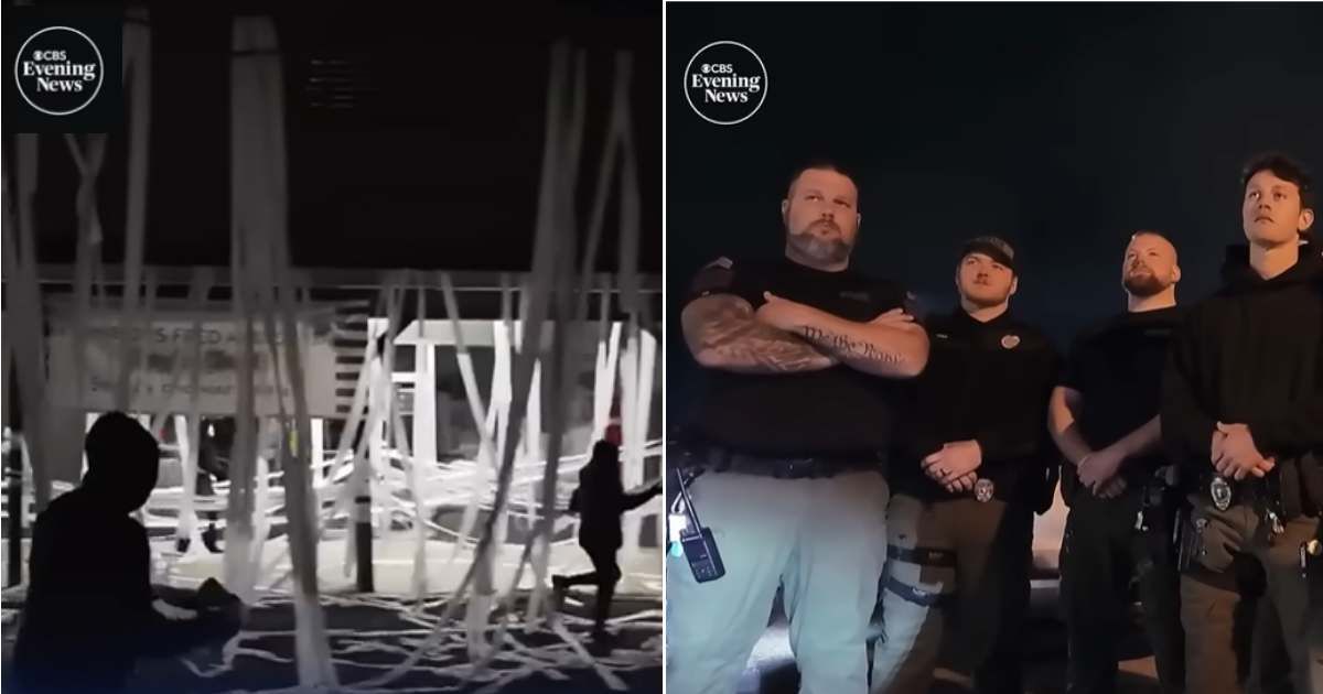 (L) Students toilet paper rolling police headquarters. (Cover Image Source: YouTube| CBS News), (R) Helfin police officers preparing to respond. (Cover Image Source: YouTube| CBS News)