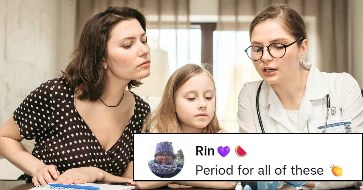 Doctor explaining something to patient and her mom as they listen intently. (Representative Cover Image Source: Pexels| Pavel Danilyuk), (inset) Quote: TikTok| @crazyfandom0182