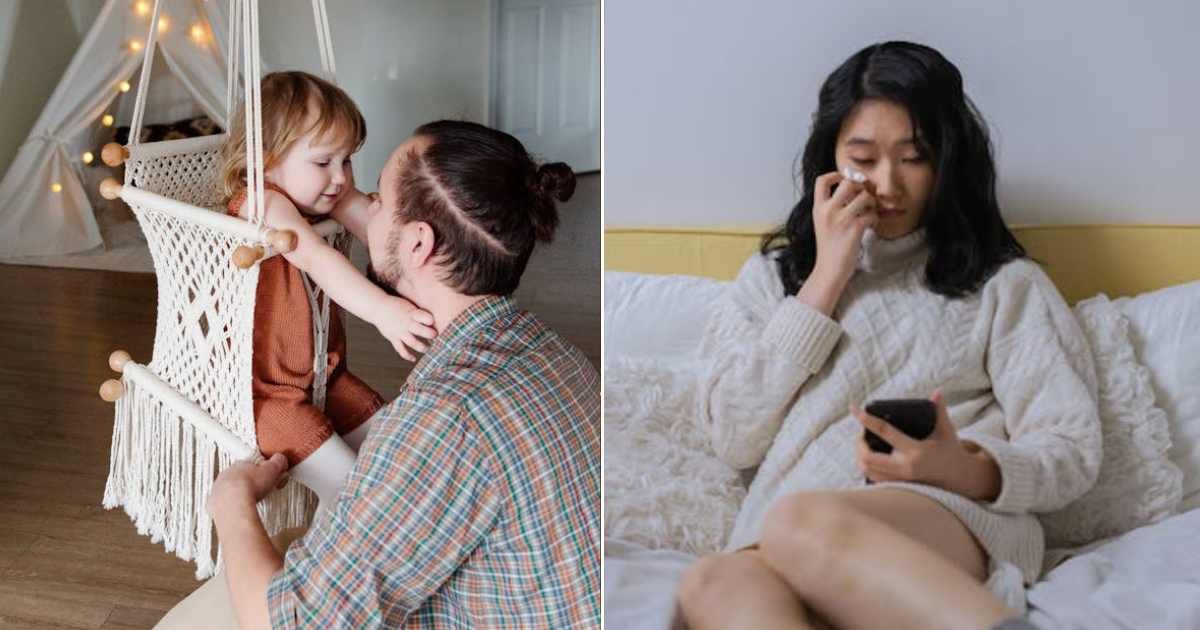 (L) Dad and daughter spending time together. (R) Woman crying while looking at phone. Representative Cover Image Source: Pexels | Tatiana Syrikova; cottonbro studio