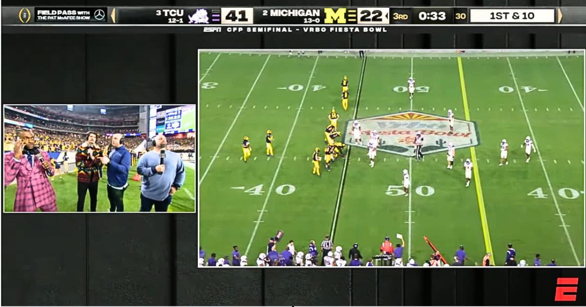 University of Michigan and Texas Christian University at the College Football Playoffs semifinals on New Year’s Eve 2023. (inset) ESPN reporter Robert Griffin III speaks on call while live on air with co-hosts. (Cover Image Source: YouTube| ESPN)