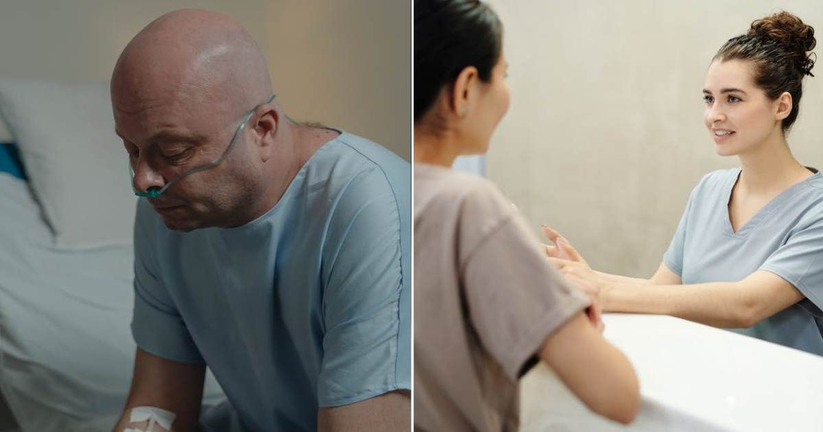 (L) Man at hospital looking upset. (R) Two medical staff members talking to each other. Representative Cover Image Source: Pexels | Tima Miroshnichenko; Cedric Fauntleroy