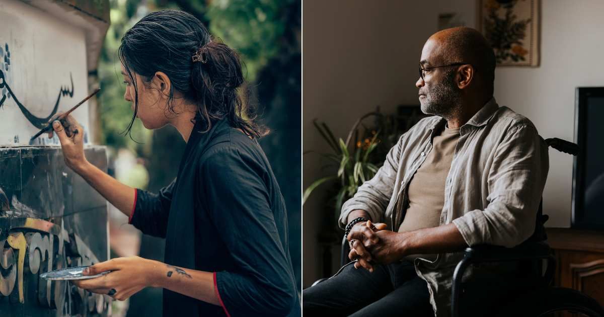 (L) Woman doing street art. (Representative Cover Image Source: Unsplash| Mehedi Hasan), (R) Elderly man in wheelchair grieving. (Representative Cover Image Source: Getty Images| Maskot)