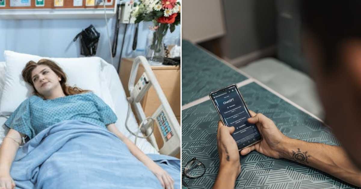 (L) Woman lying on a hospital bed. (R) Man using AI on his phone. Representative Cover Image Source: Pexels | RDNE Stock project; Matheus Bertelli