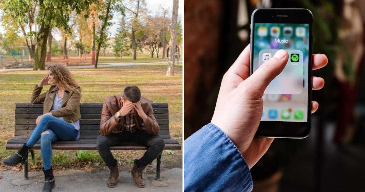 (L) A couple looking upset with each other. (R) A person clicking on the Spotify icon on their phone. Representative Cover Image Source: Pexels | Vera Arsic; cottonbro studio
