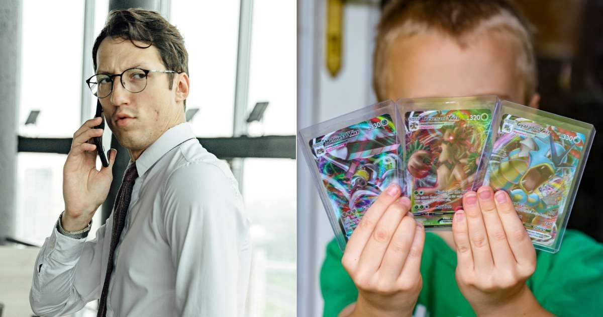 (L) Man secretively speaking on phone. (Representative Cover Image Source: Pexels| Shkraba Antoni), (R) Little boy excitedly holding up Pokemon cards. (Representative Cover Image Source: Unsplash| Mick Haupt)