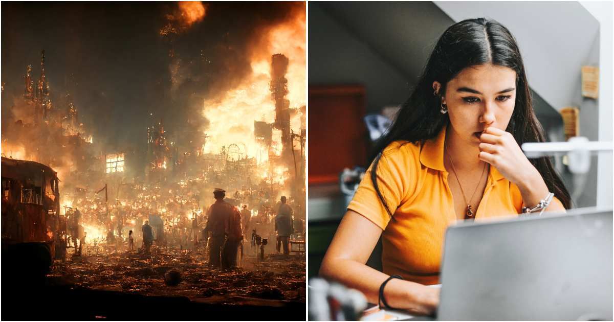 (L) A town burning down; (R) A teen focused on her laptop. (Representative Cover Image Source: Getty Images | Photo (L) Kirill Rudenko; (R) Carol Yepes)