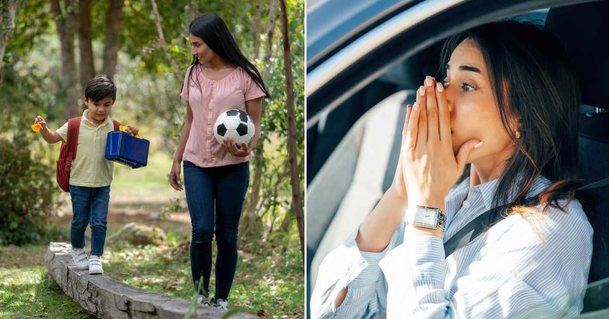 (L) Mom dropping son at school. (R) Woman inside car looking worried. Representative Cover Image Source: Getty Images | Hispanolastic; Drezen_
