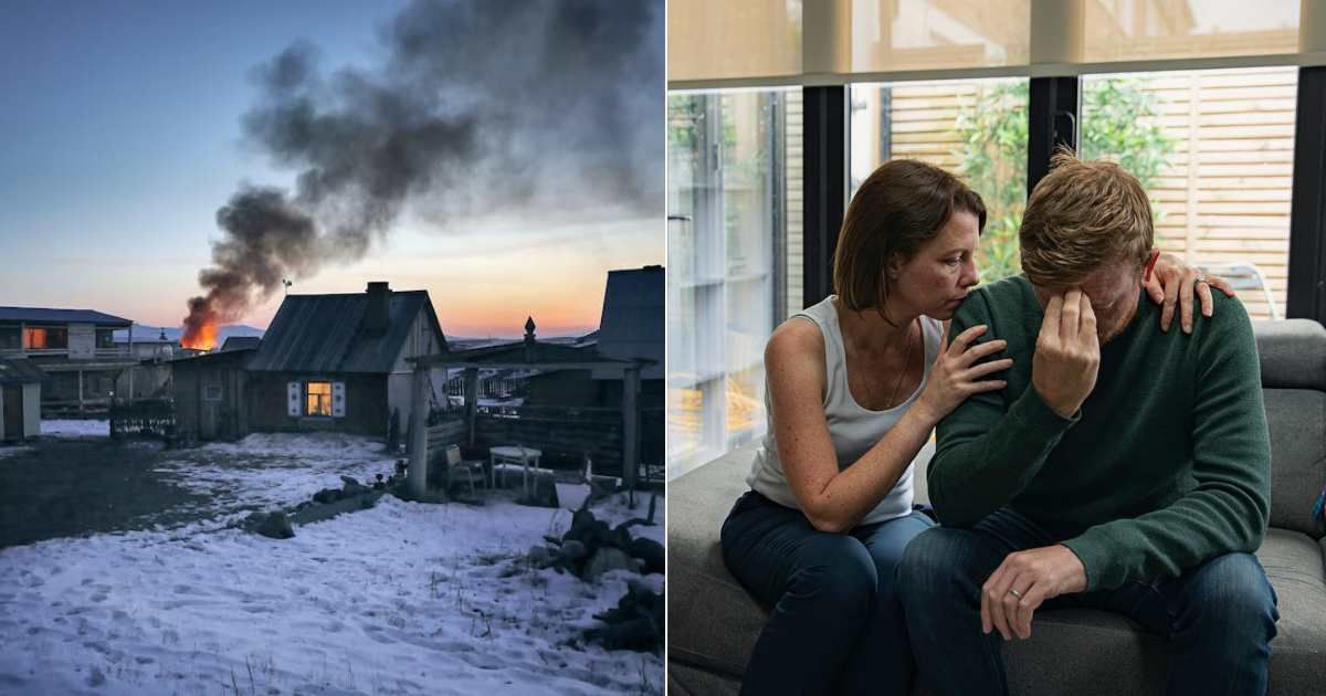 (L) House on fire. (R) Man and woman looking devastated. Representative Cover Image Source: Pexels | Simon Berger; Getty Images | Justin Paget