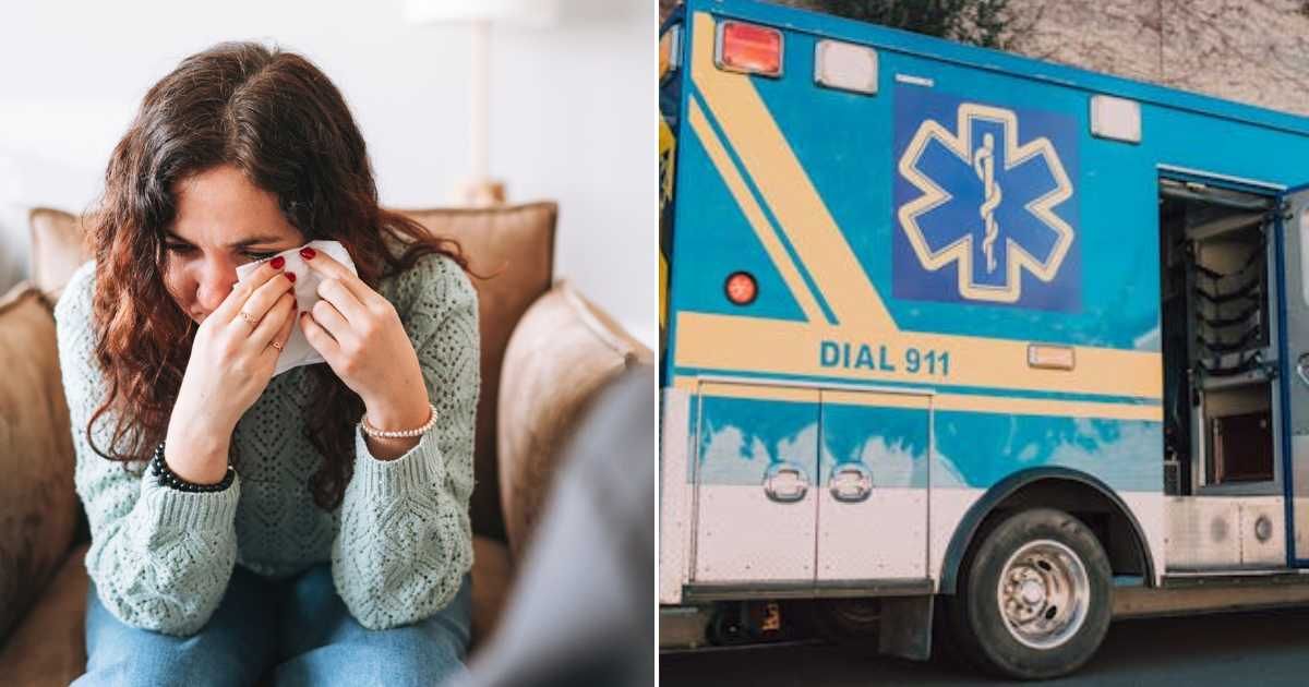 (L) Woman crying because of overwhelm. (R) A 911 emergency vehicle. Representative Cover Image Source: Getty Images | Galina Zhigalova; Pexels | RDNE Stock Project