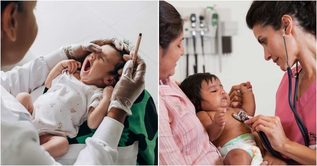 (L) Baby yawning in doctor's lap; (R) Nurse checking baby's heartbeat. (Representative Cover Image Source: (L) Pexels | Jonathan Borba; (R) Getty Images | Ariel Skelley)