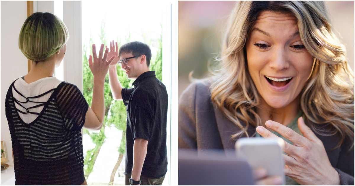 (L) Woman saying bye to her husband as he leaves home; (R) Woman pleasantly surprised by a text. (Representative Cover Image Source: Getty Images | Photo by (L) GEN UMEKITA; (R) skynesher)
